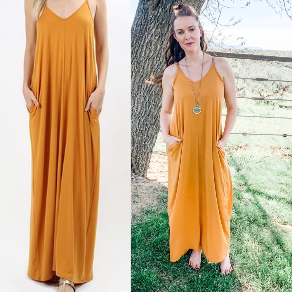 Vneck Cami maxi dress W side pockets - MUSTARD